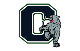 A dark blue letter C outlined in white and green, with a grey panther crouching in front of it.