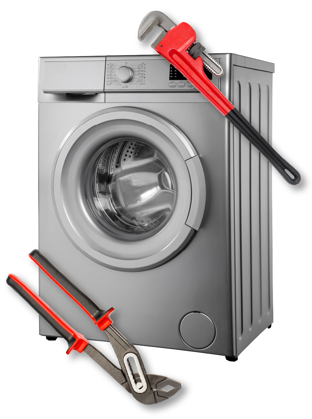 Washing machine with a wrench and pliers, likely for repair.