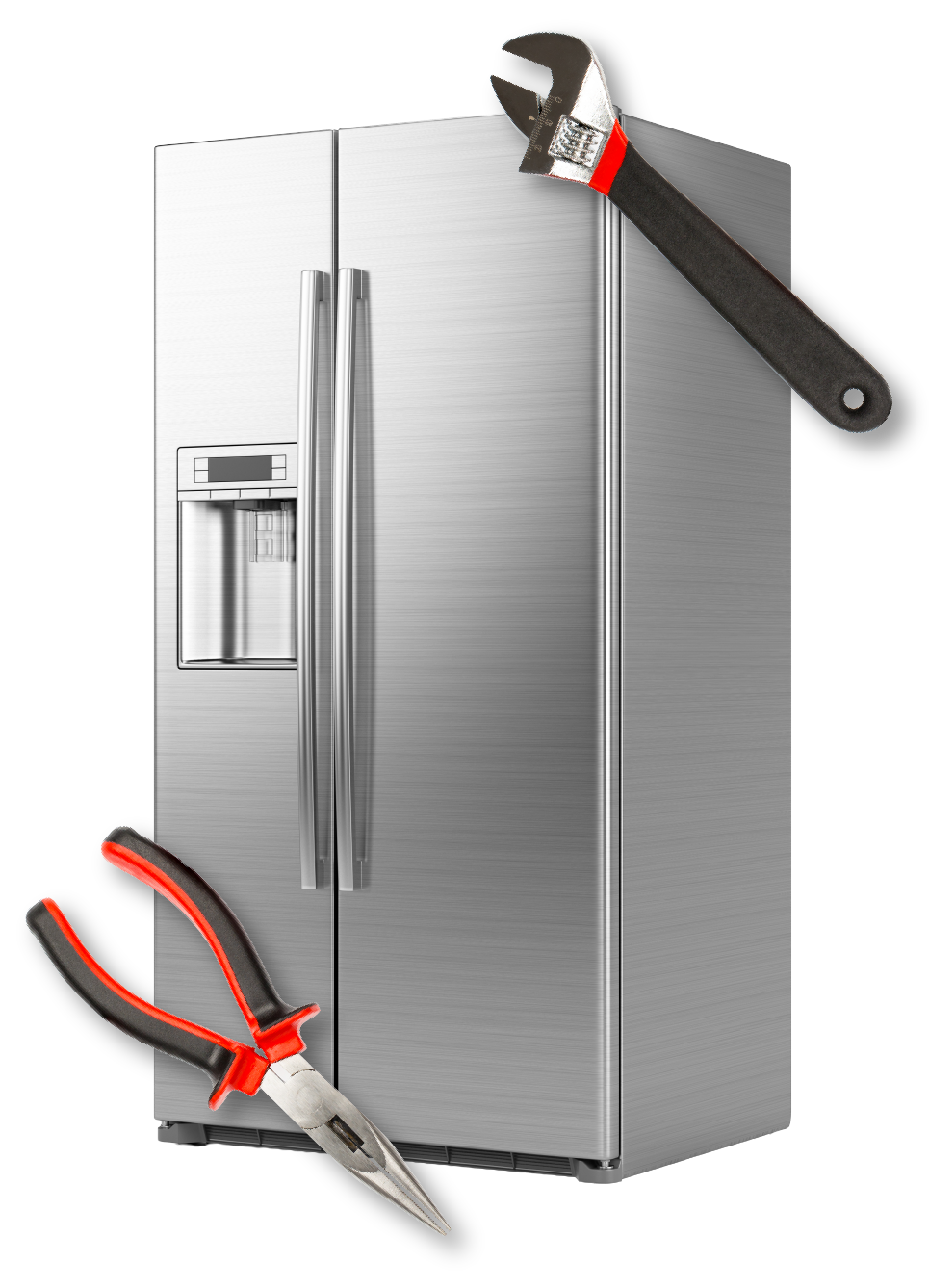 Refrigerator with tools, suggesting appliance repair.