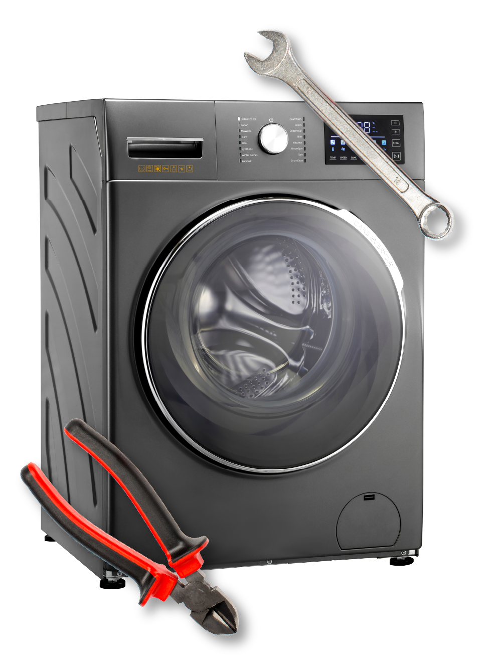 Washing machine with a wrench and pliers, indicating repair. 