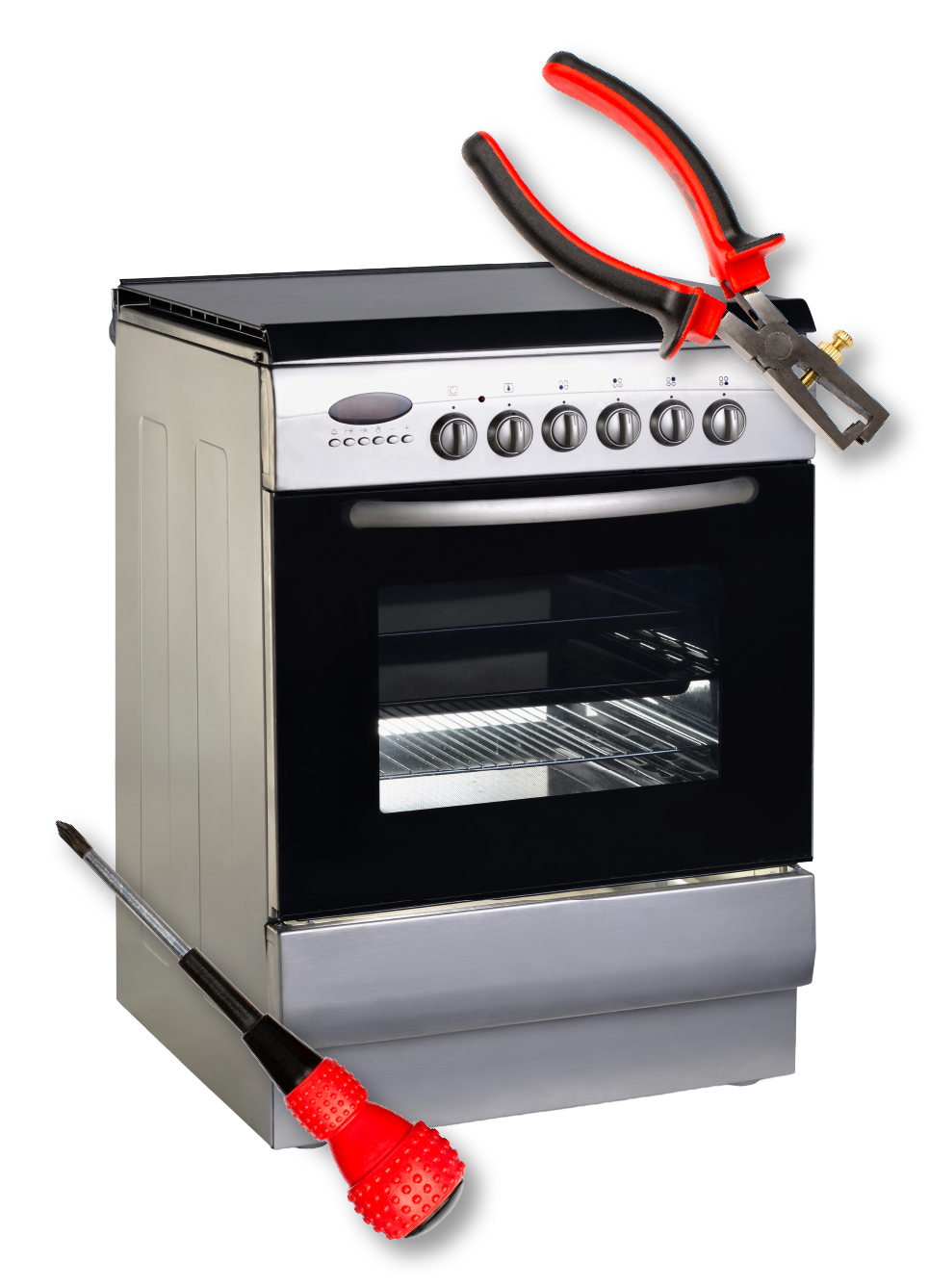 Oven being repaired; pliers and screwdriver on the oven. Silver oven with black door.