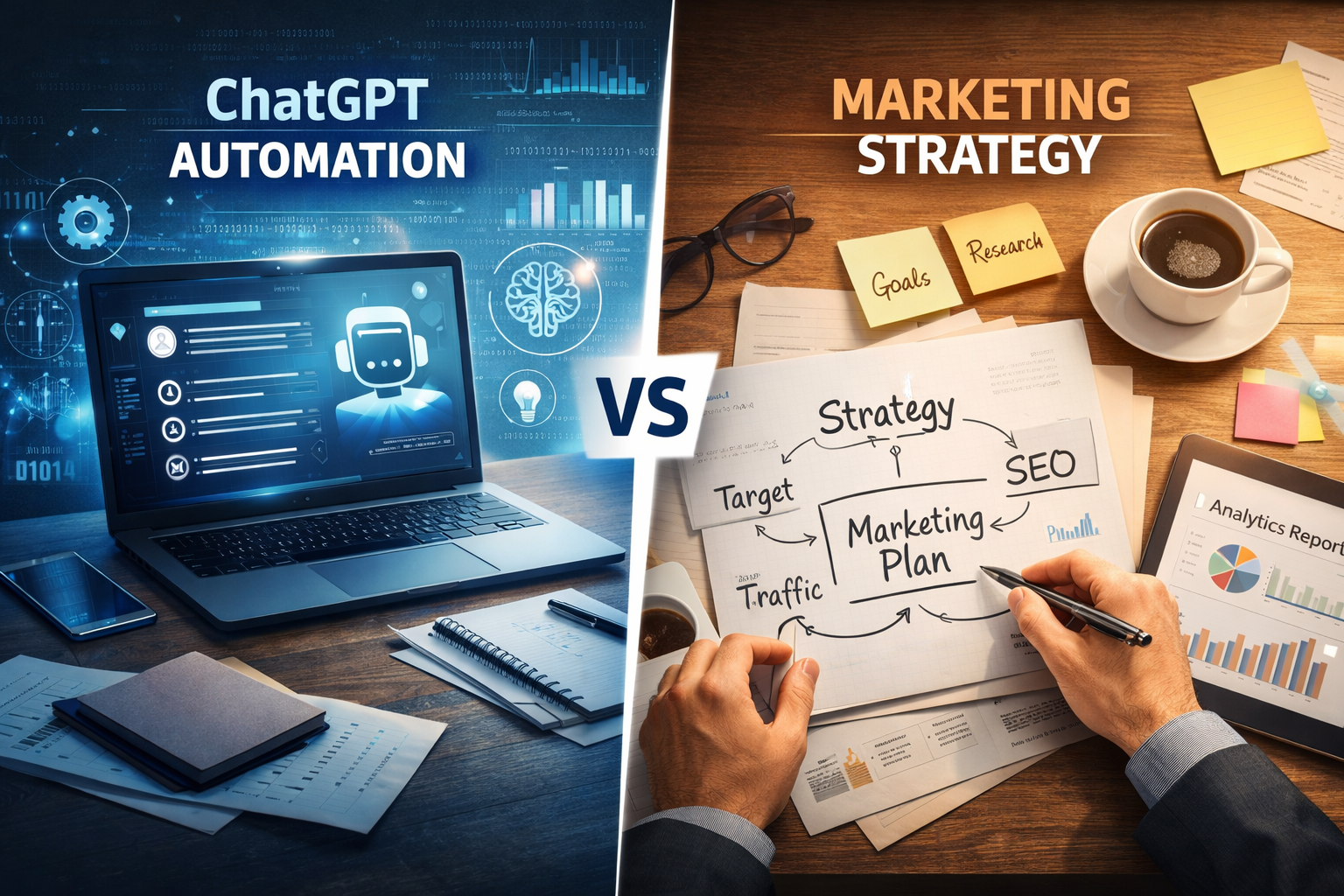 Split visual showing ChatGPT automation on one side and human-led marketing strategy planning on the