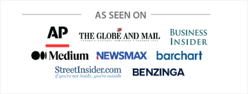 “As seen on” logo collage with AP, The Globe and Mail, Business Insider, Medium, Newsmax, and Benzinga