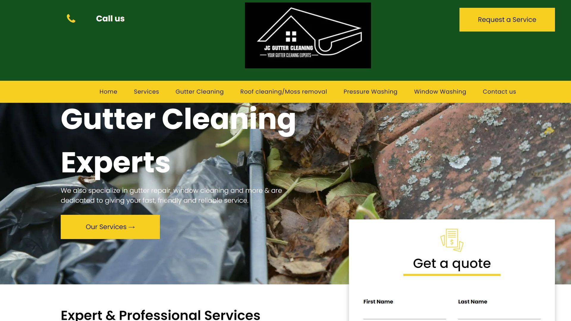 A website for gutter cleaning experts shows a picture of a house and a pipe.