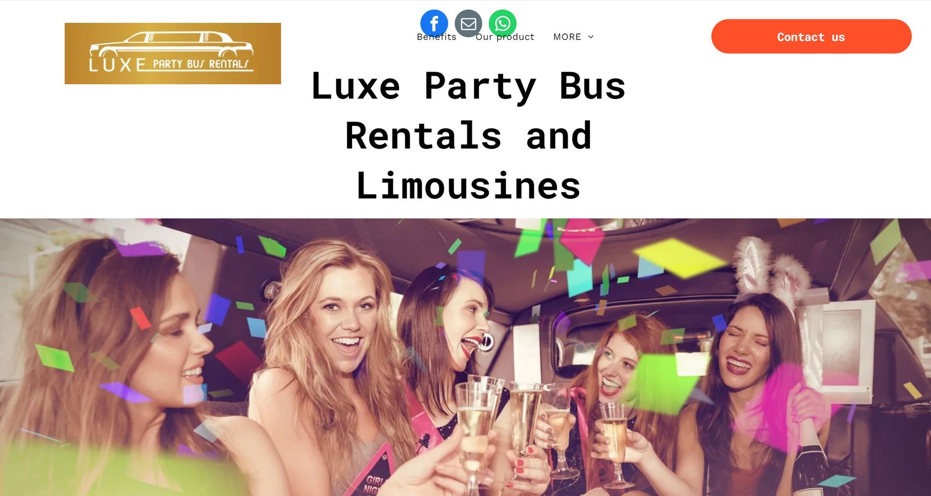 A website for party bus rentals and limousines with a group of women toasting with champagne in a limousine.