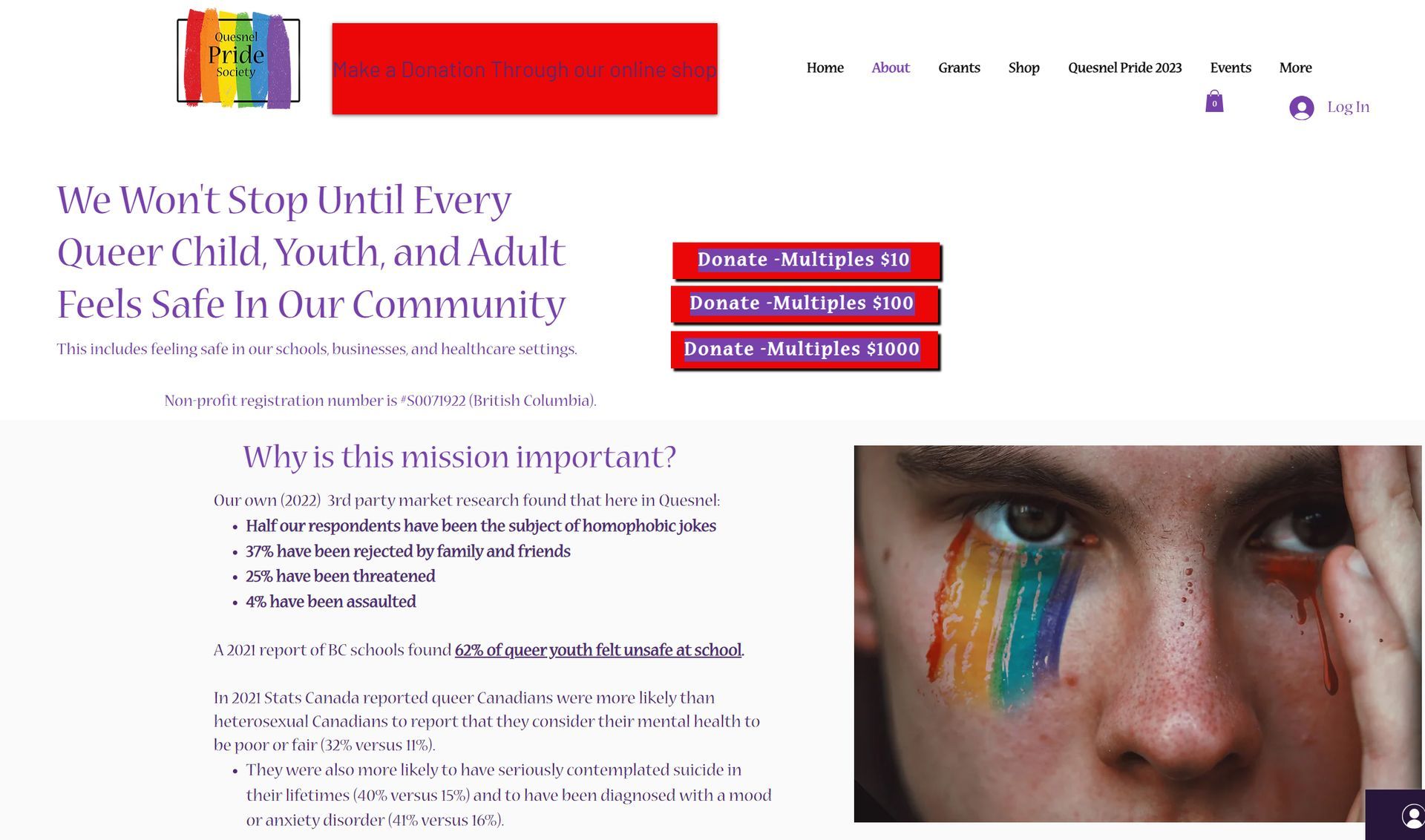 A website for Quesnel Pride  with a picture of a person with a rainbow painted on their face.