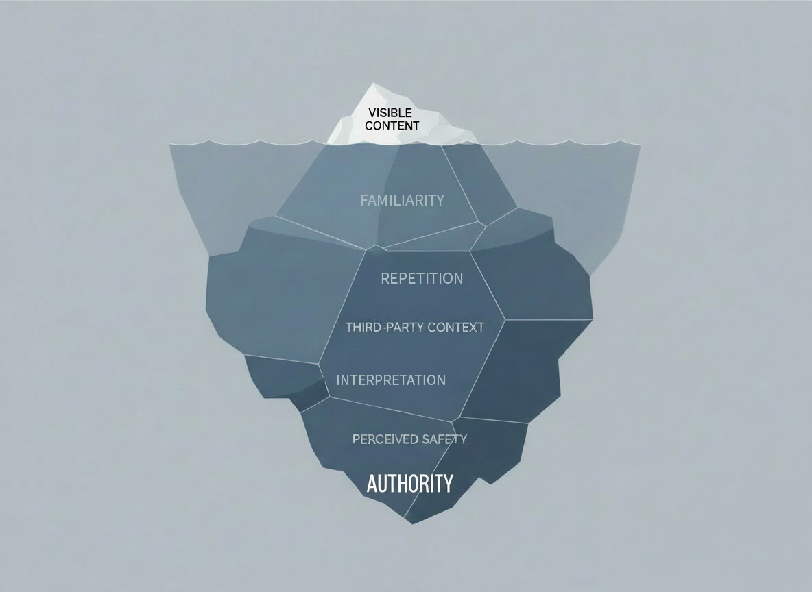 Iceberg illustration showing visible content above water and deeper authority signals below, includi