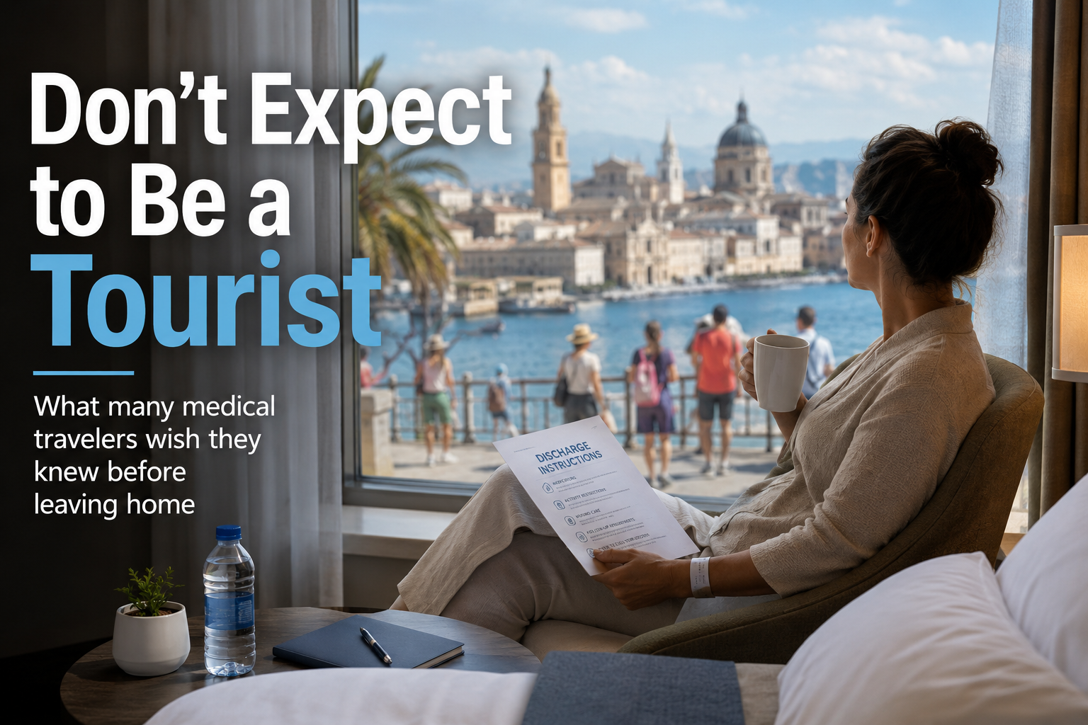 person sitting in clinic looking outside watching tourists at beach