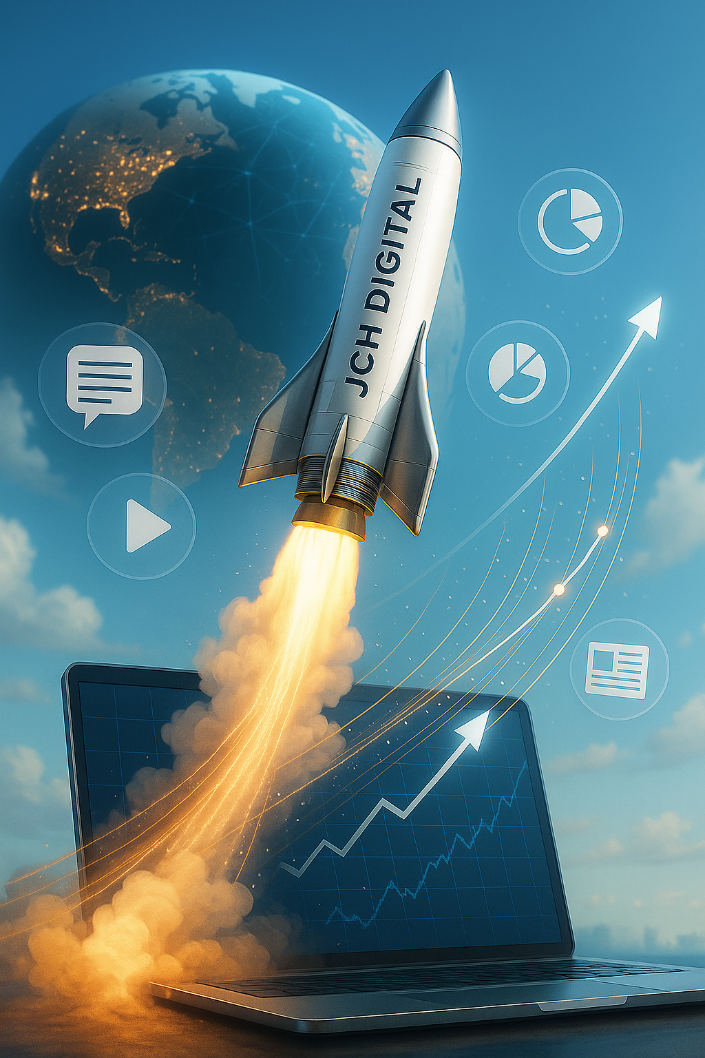 rocket with JCH Digital name along the side blasting into content space