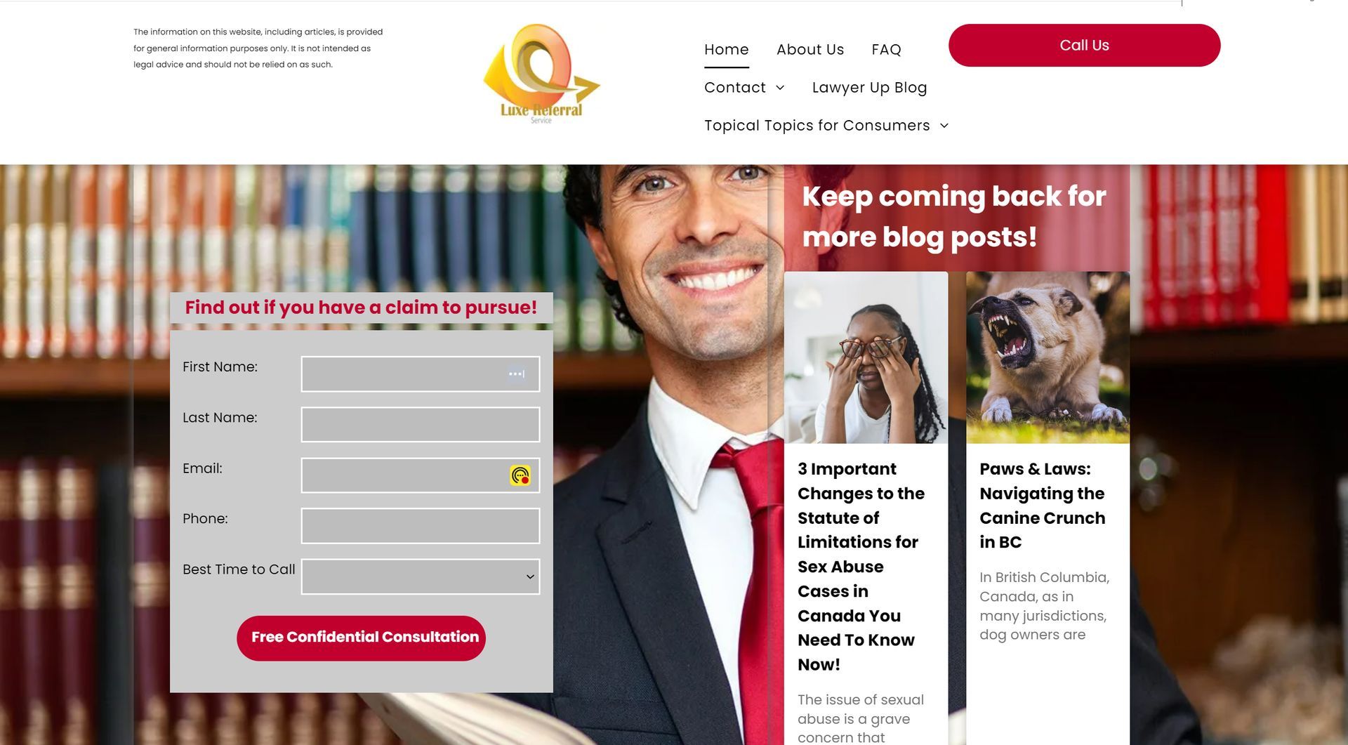 A website for legal services with a man in a suit and tie smiling in front of a bookshelf.