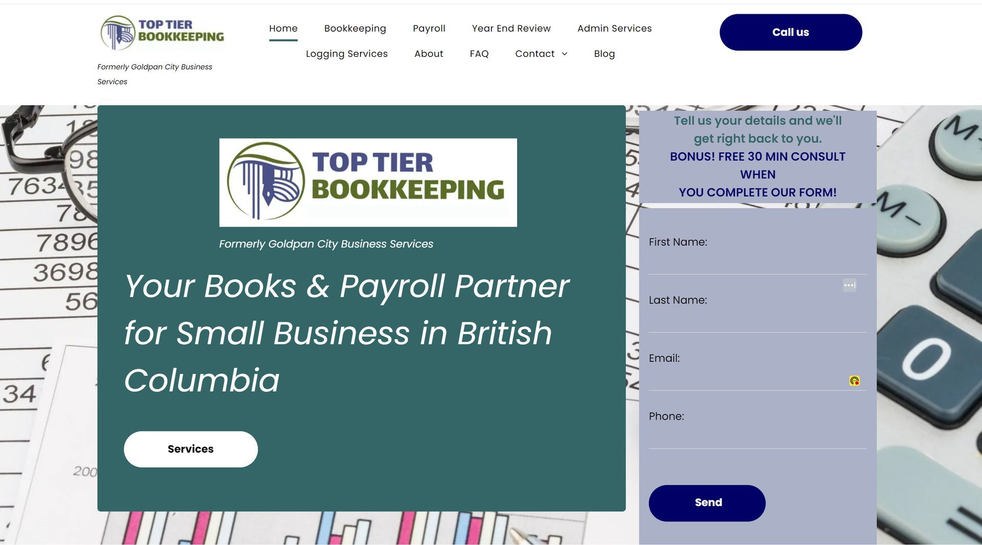 screenshot of top tier bookkeeping site