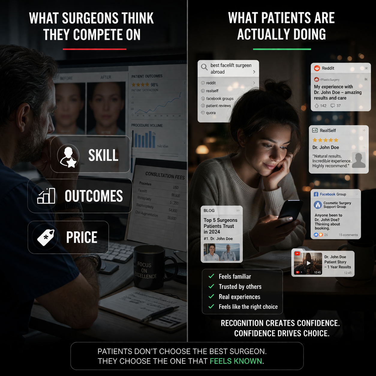 Surgeons focus on skill, outcomes, & price. Patients choose based on familiarity, trust, and proof.