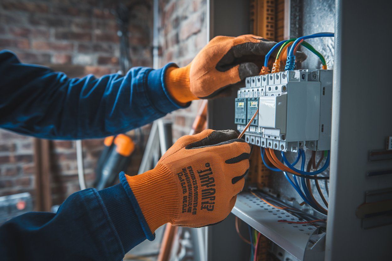 A man wearing gloves is working on an electrical box.