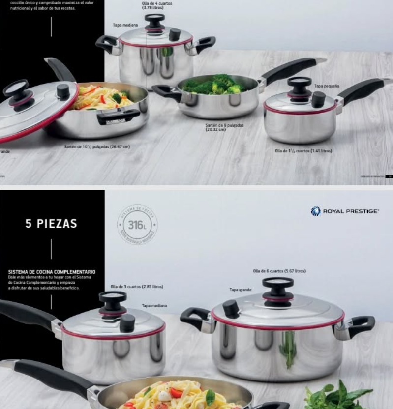 Juego de utensilios de cocina de acero inoxidable exhibido con pasta y brócoli.