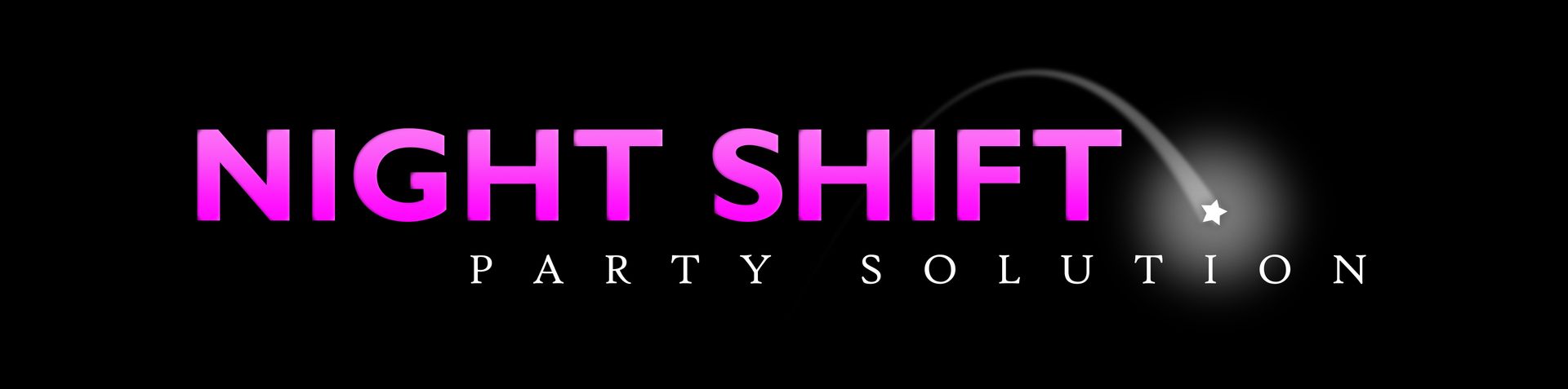 Logo de Night Shift Party Solution avec texte violet et illustration d'une étoile filante sur fond noir.
