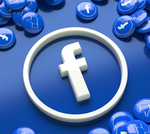 Logo Facebook entouré d'icônes bleues en forme de boutons et d'un anneau blanc.