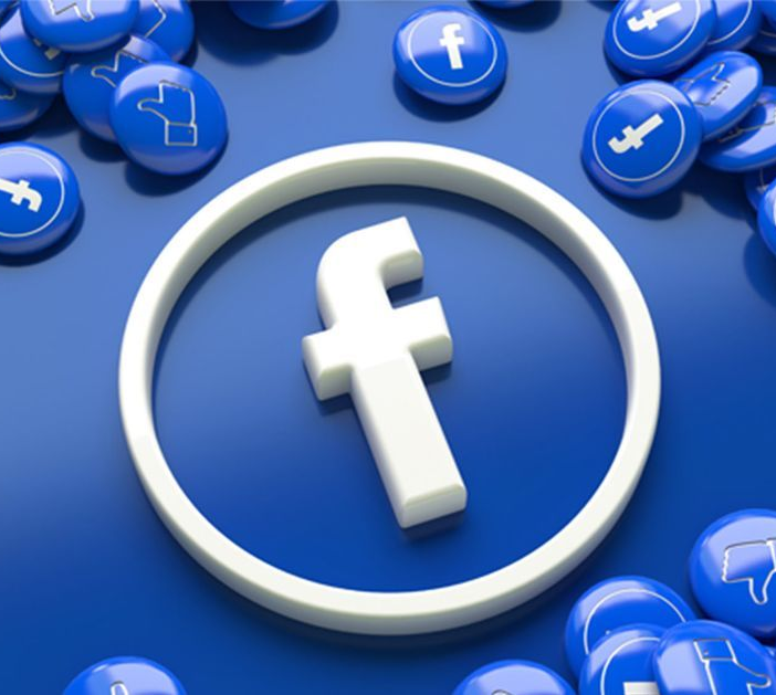 Logo Facebook entouré d'icônes bleues en forme de boutons et d'un anneau blanc.