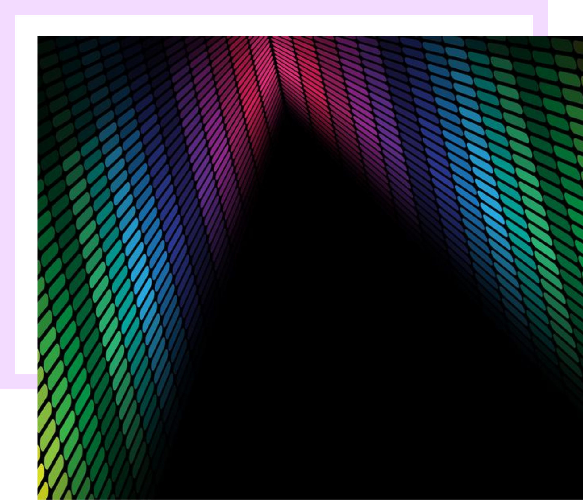 Une arche pixélisée aux couleurs de l'arc-en-ciel converge vers un point central sombre.