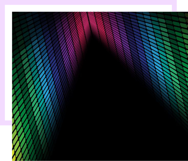 Une arche pixélisée aux couleurs de l'arc-en-ciel converge vers un point central sombre.