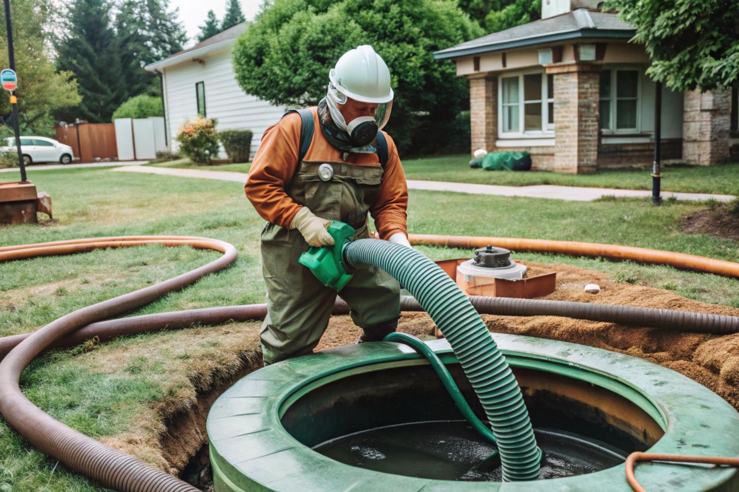 Person in protective gear pumping a septic tank in a residential yard.