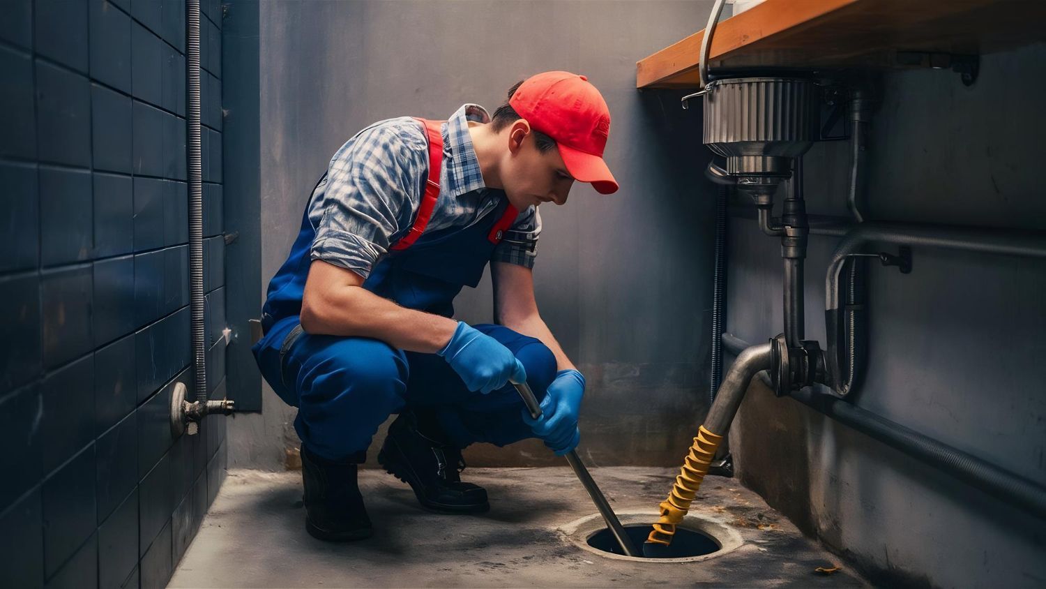 Plumber in blue overalls and red cap inspecting a drain with a snake in a small utility room.
