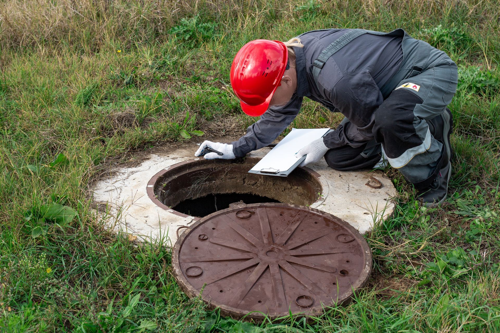 a man in a red hard hat is looking into a manhole cover .