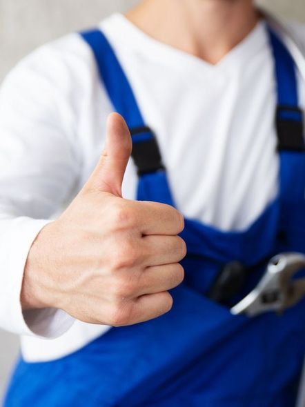 a man in blue overalls is giving a thumbs up