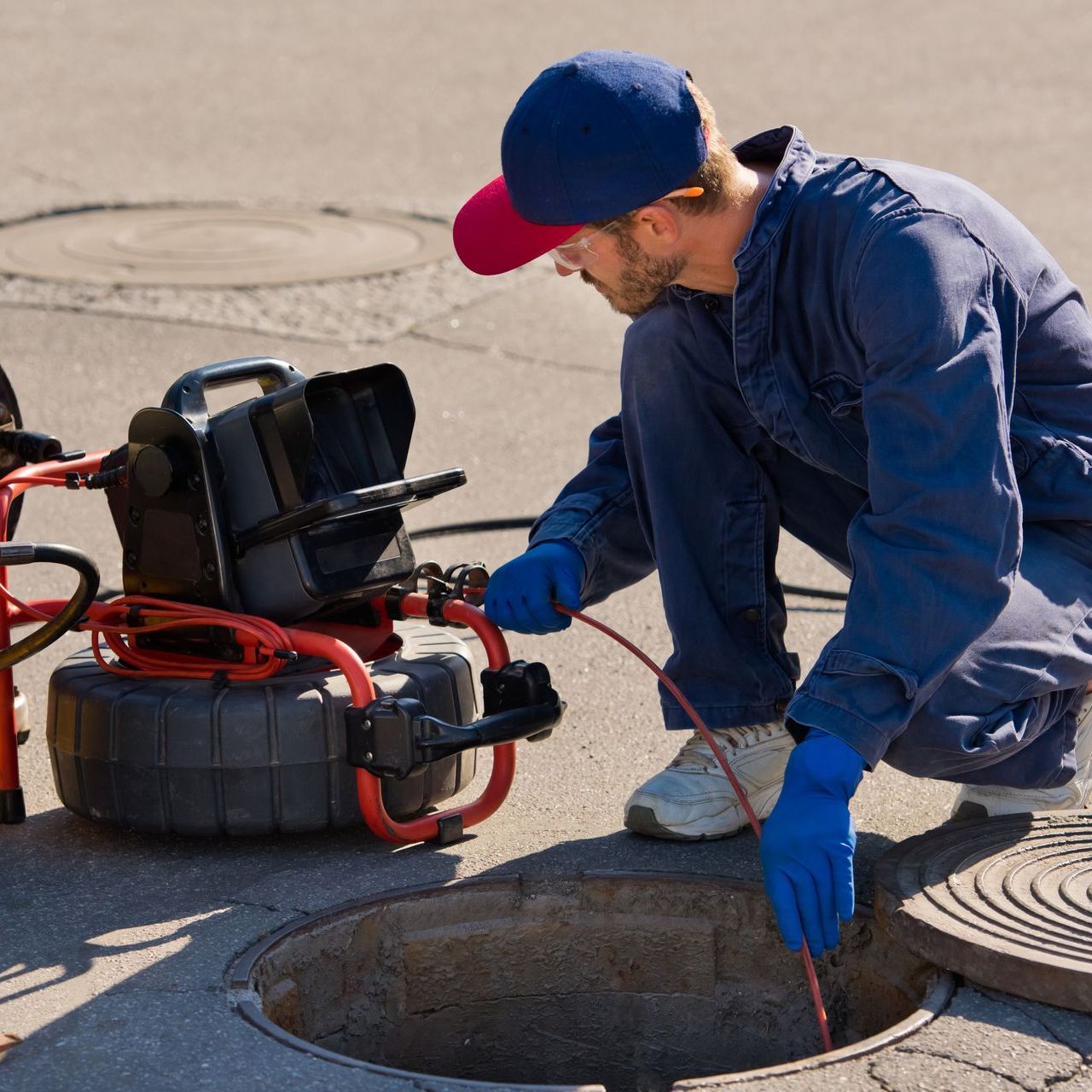 a man is working on a manhole cover with a camera attached to it