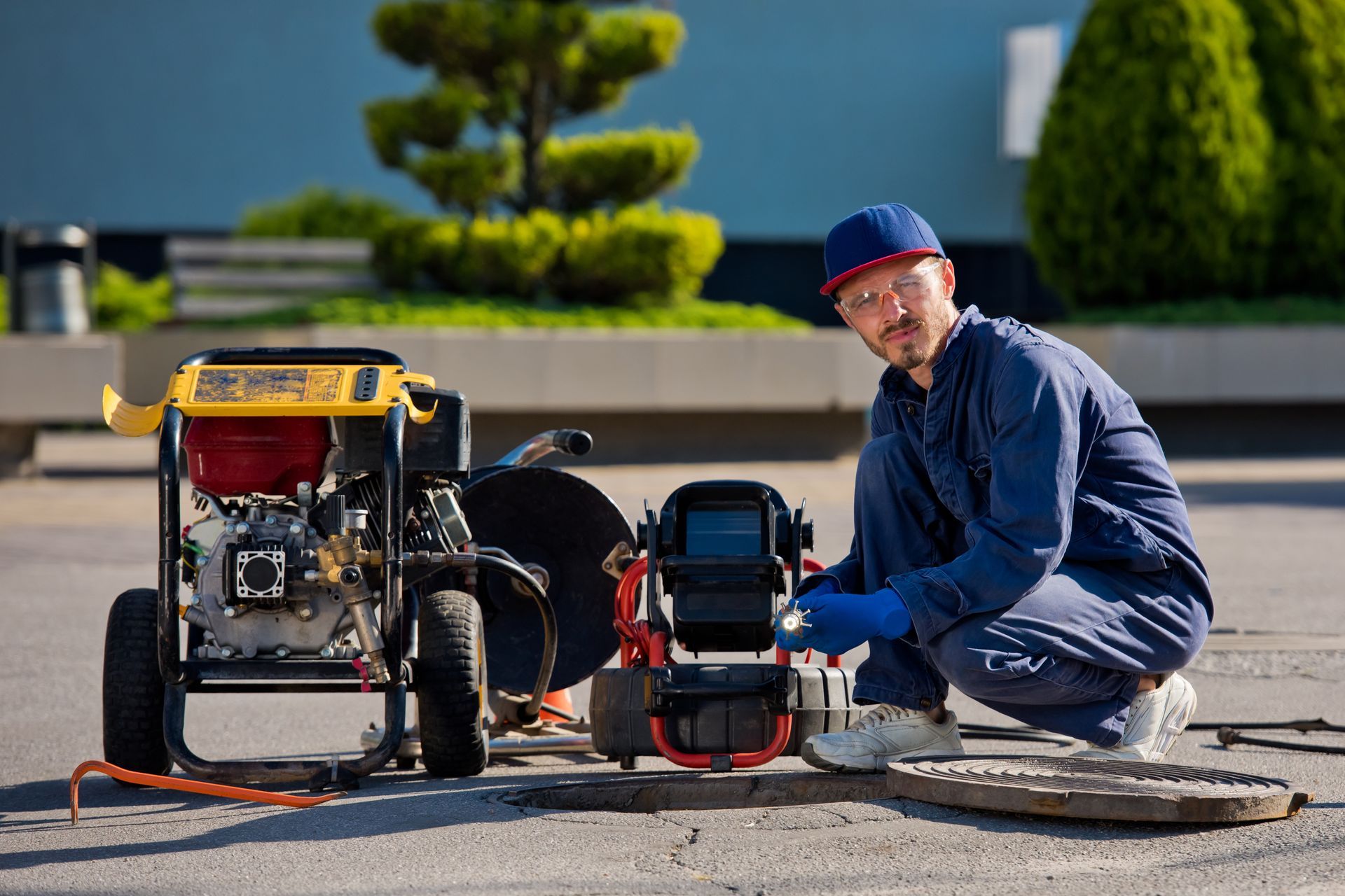 A man is kneeling down next to a drain camera and a generator.