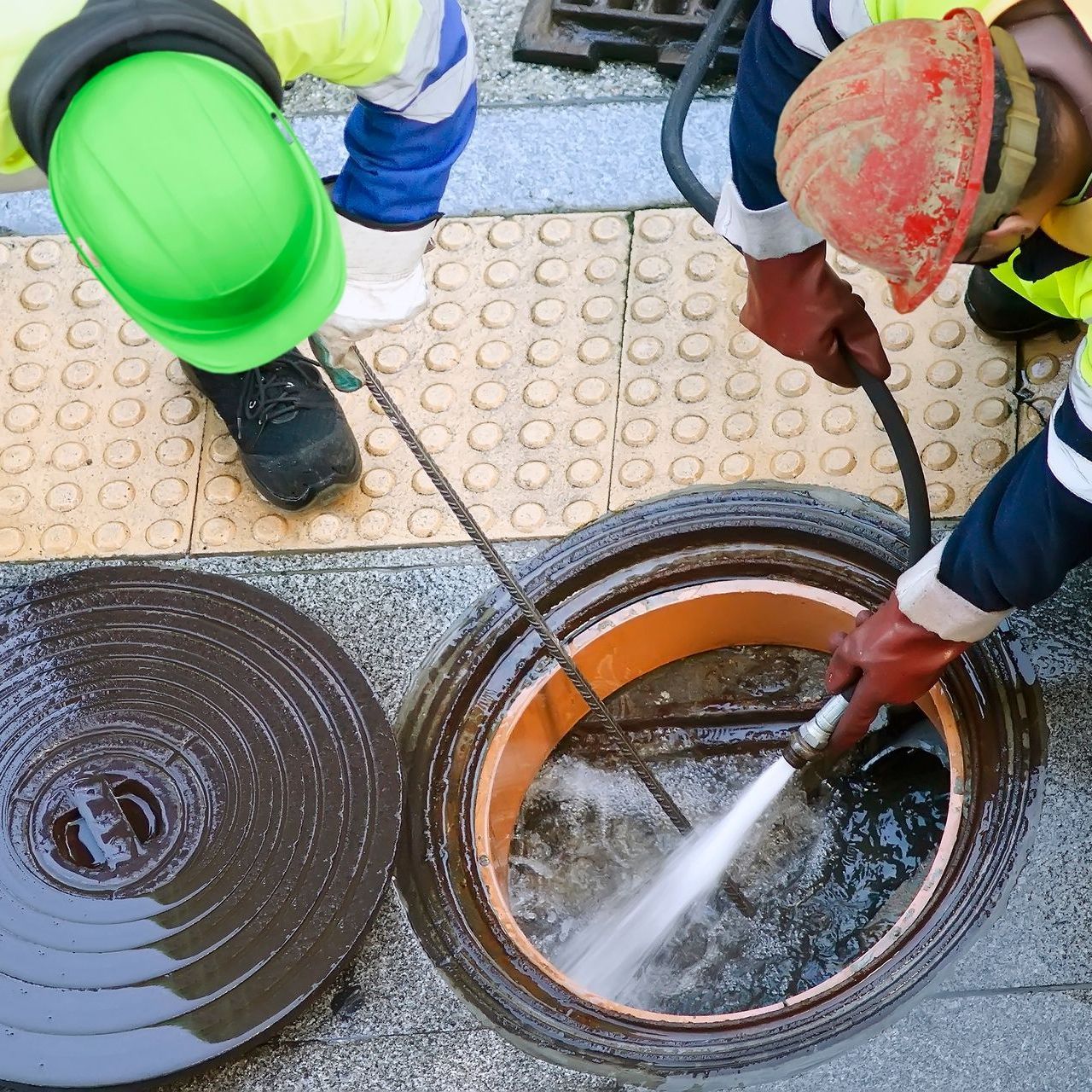a manhole cover is being cleaned with a high pressure hose