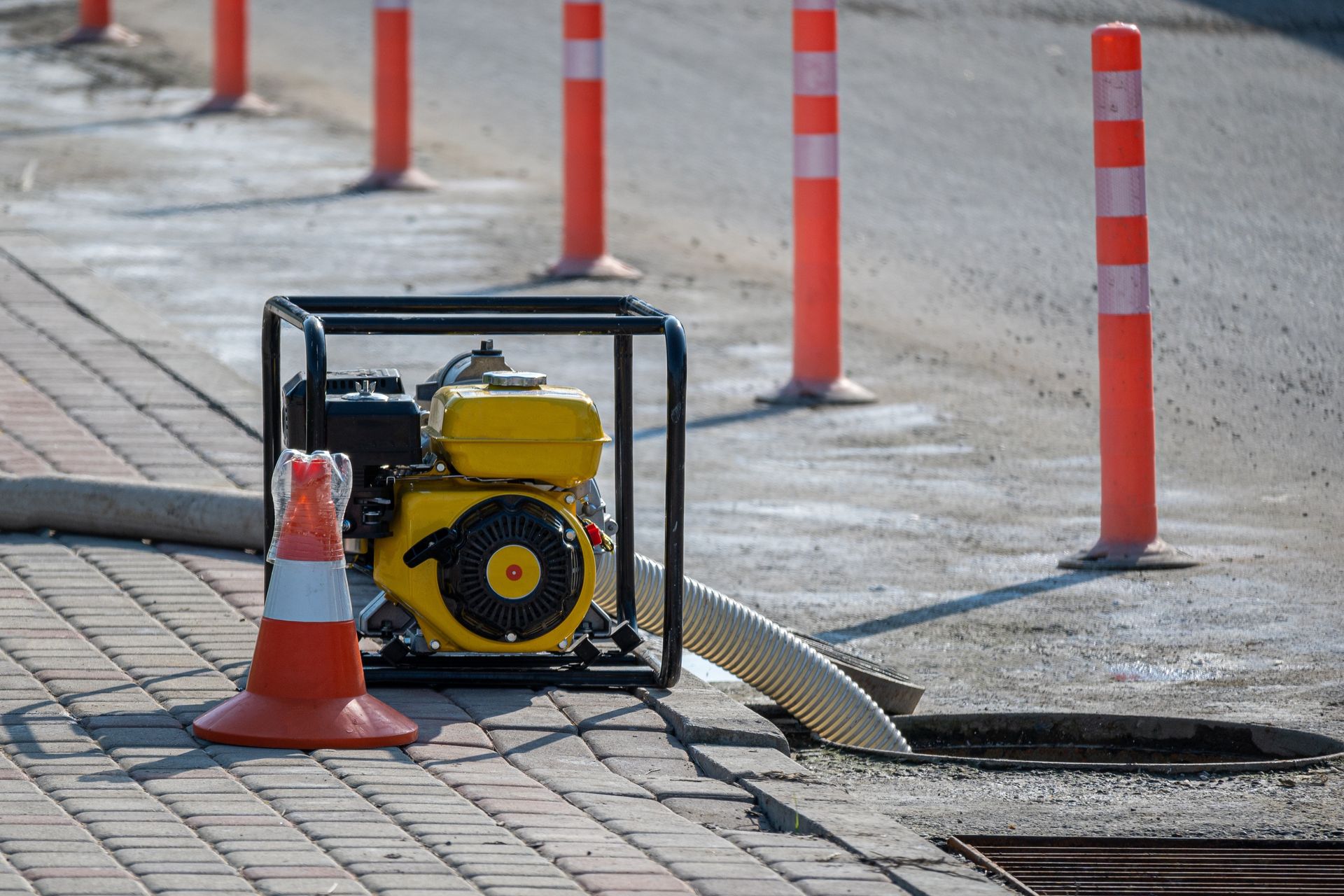 a yellow water pump is sitting on the sidewalk next to a hose .