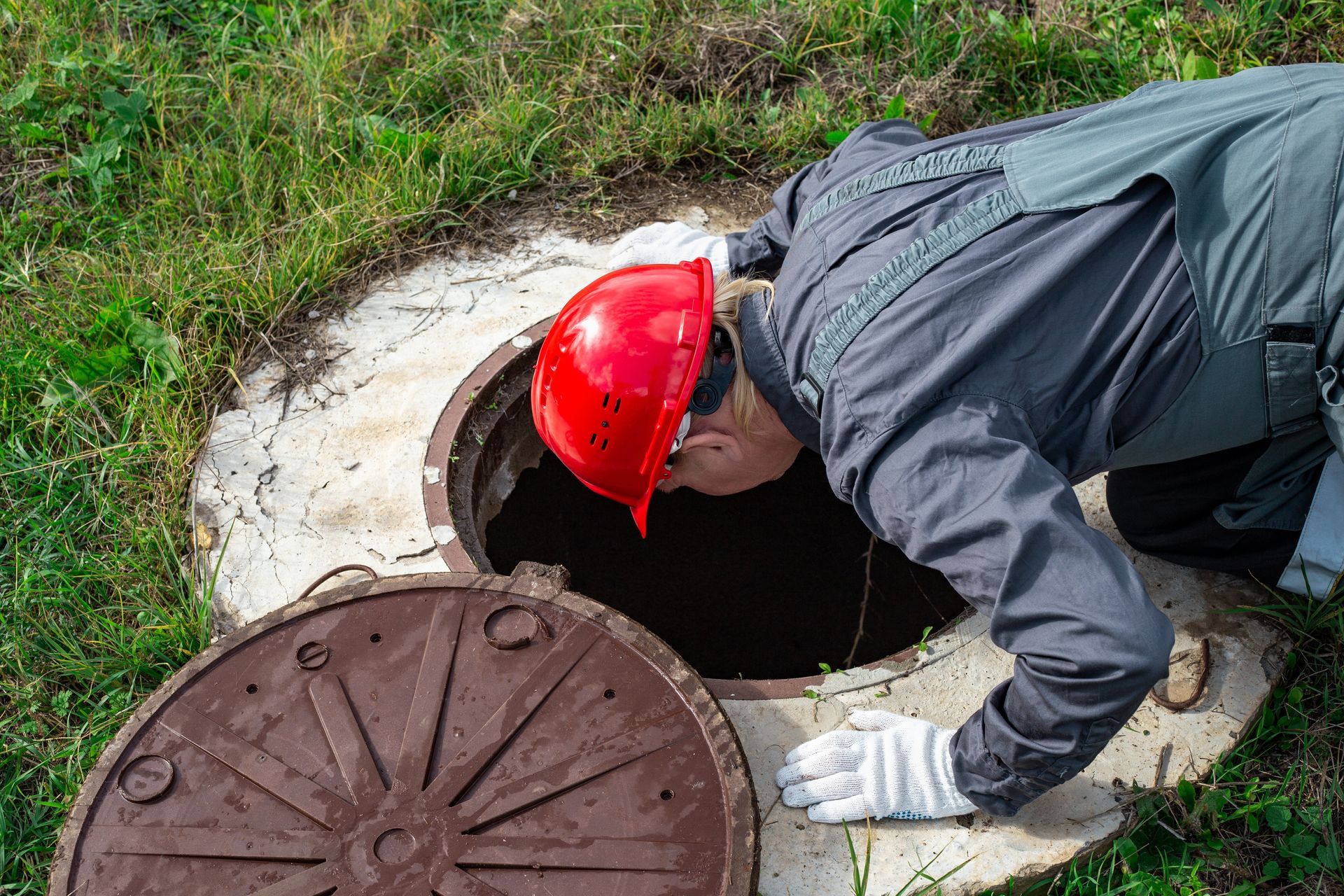 a man in a red hard hat is looking into a manhole cover .