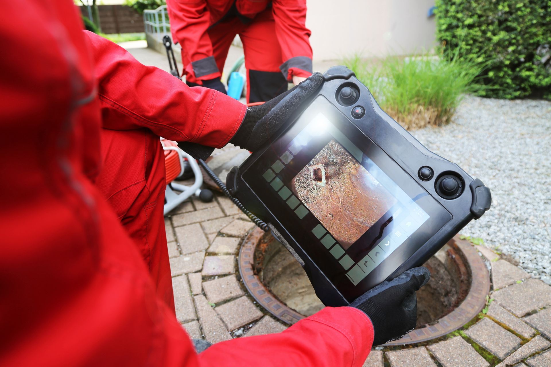 a man in a red jacket is holding a tablet in front of a manhole cover .