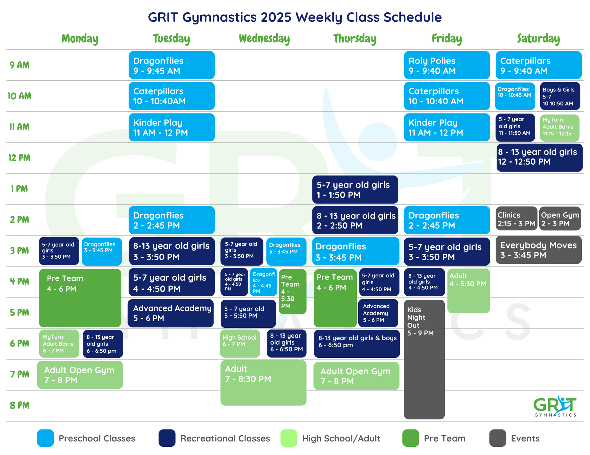 Weekly class schedule for GRIT Gymnastics in 2025, with times and class types.