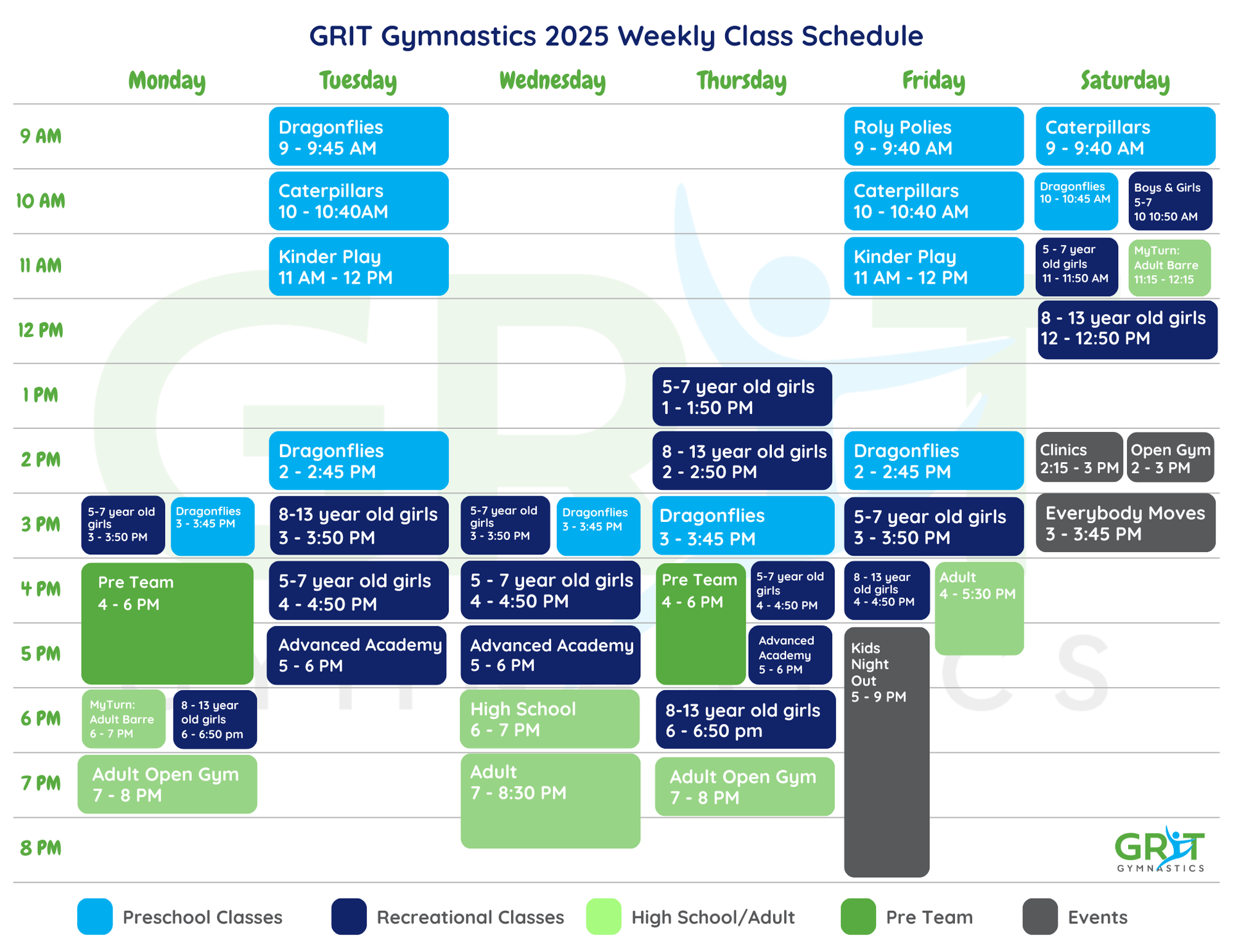 Gymnastics class schedule for 2025: color-coded classes by day/time, including pre-team and high school/league.
