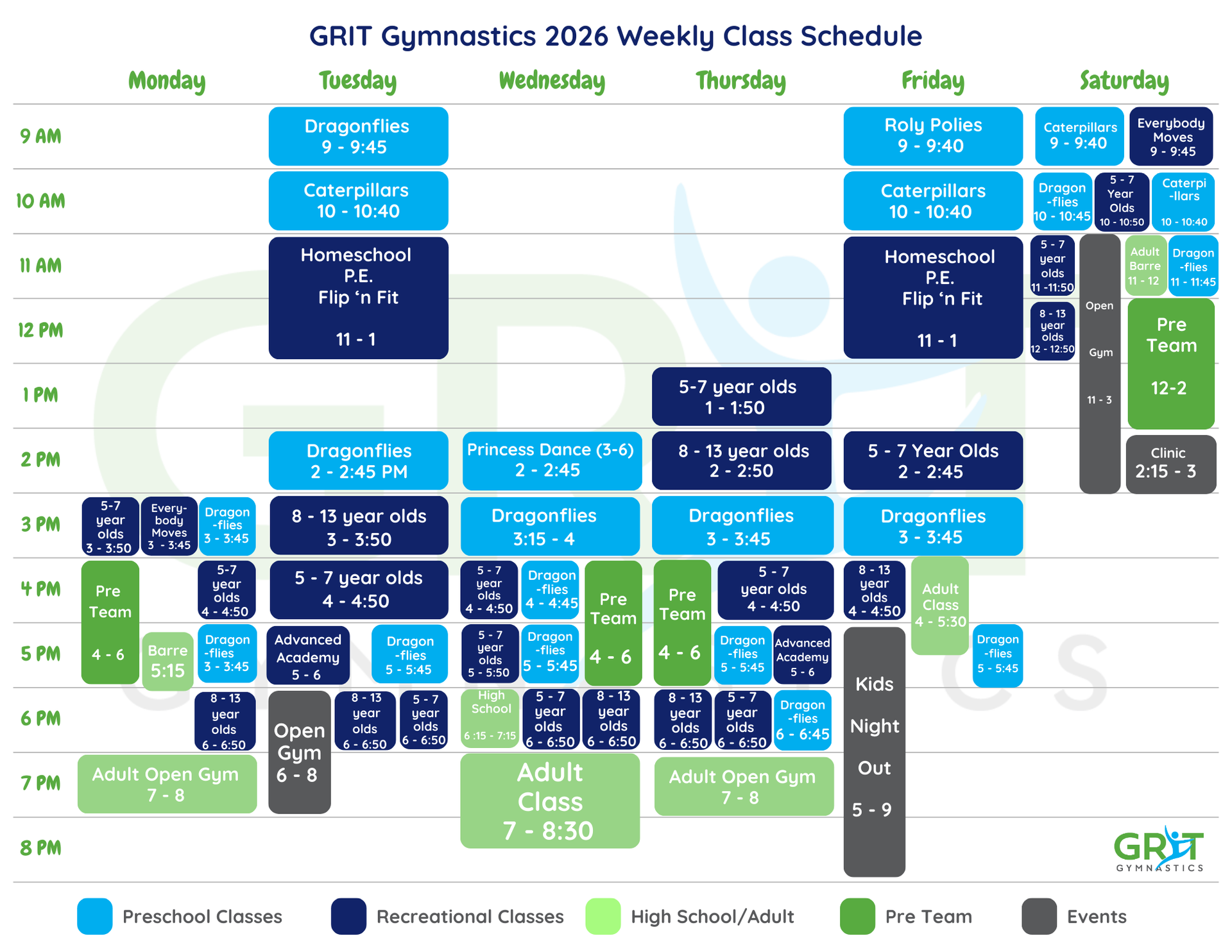 Weekly class schedule for GRIT Gymnastics in 2026, with times and class types.