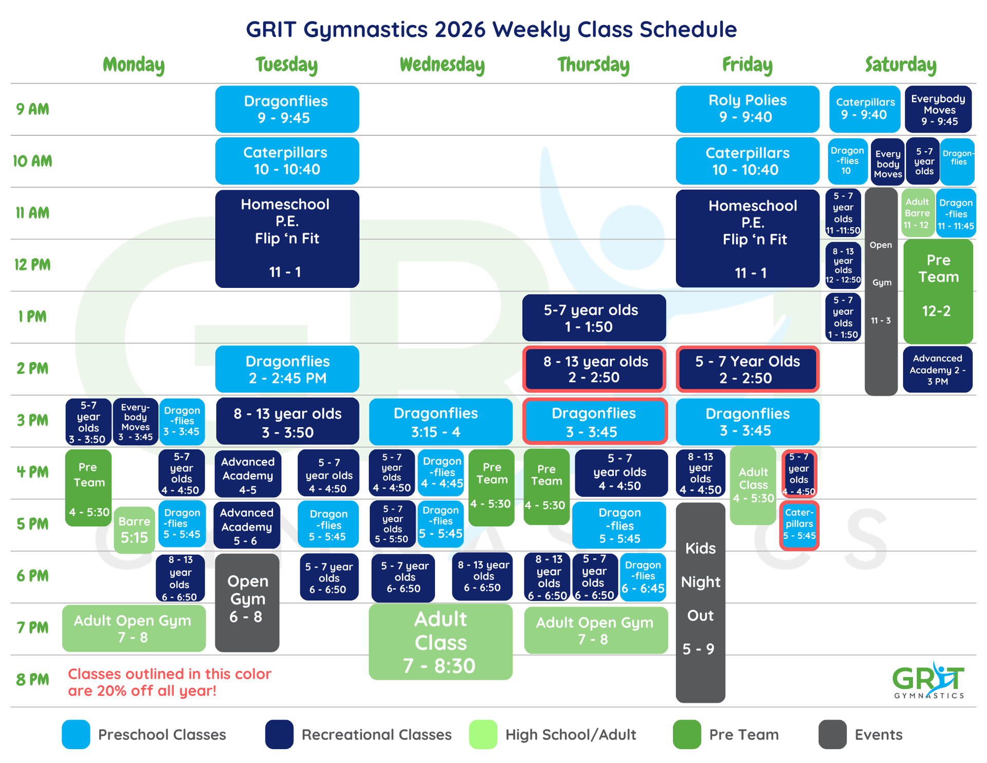 Weekly class schedule for GRIT Gymnastics in 2026, with times and class types.