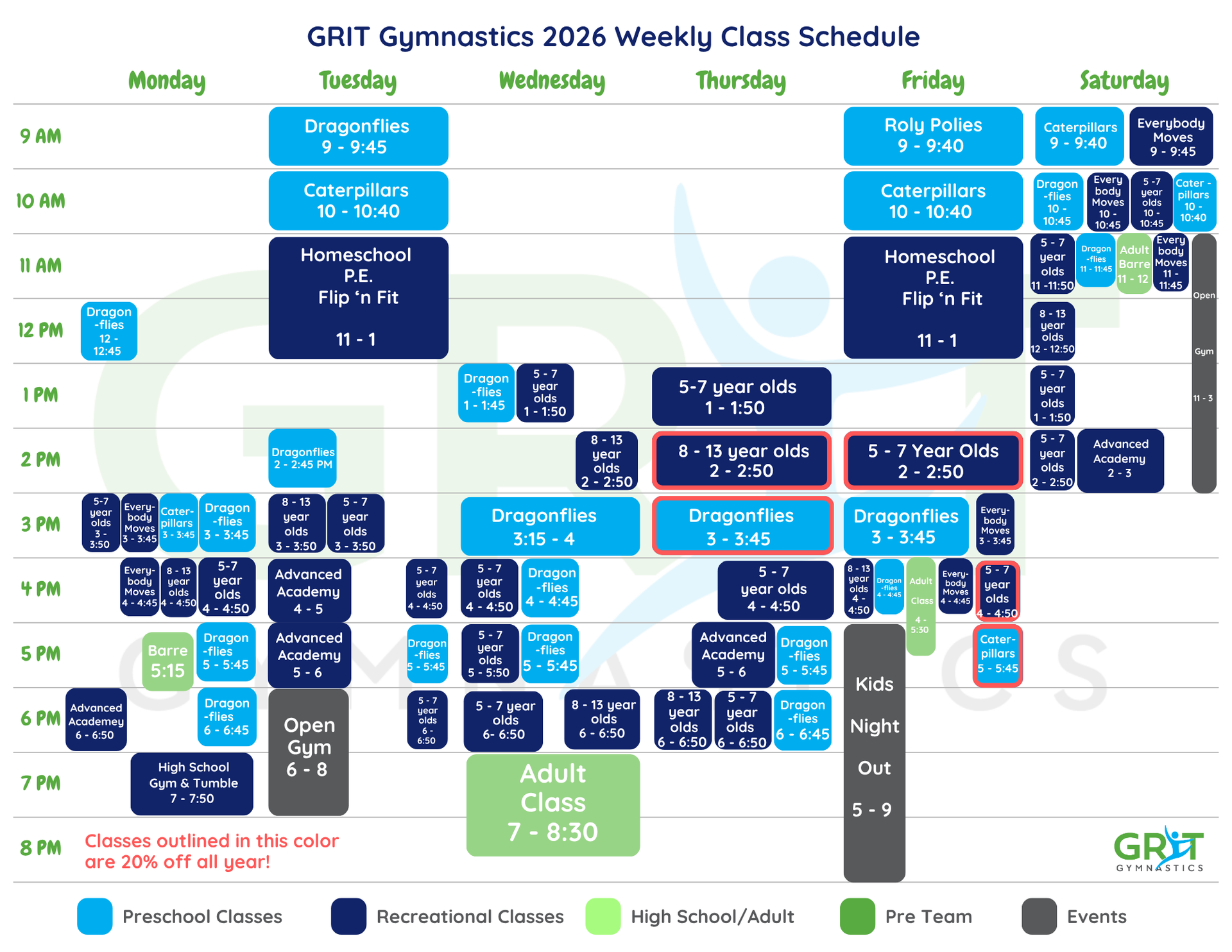 Weekly class schedule for GRIT Gymnastics in 2026, with times and class types.