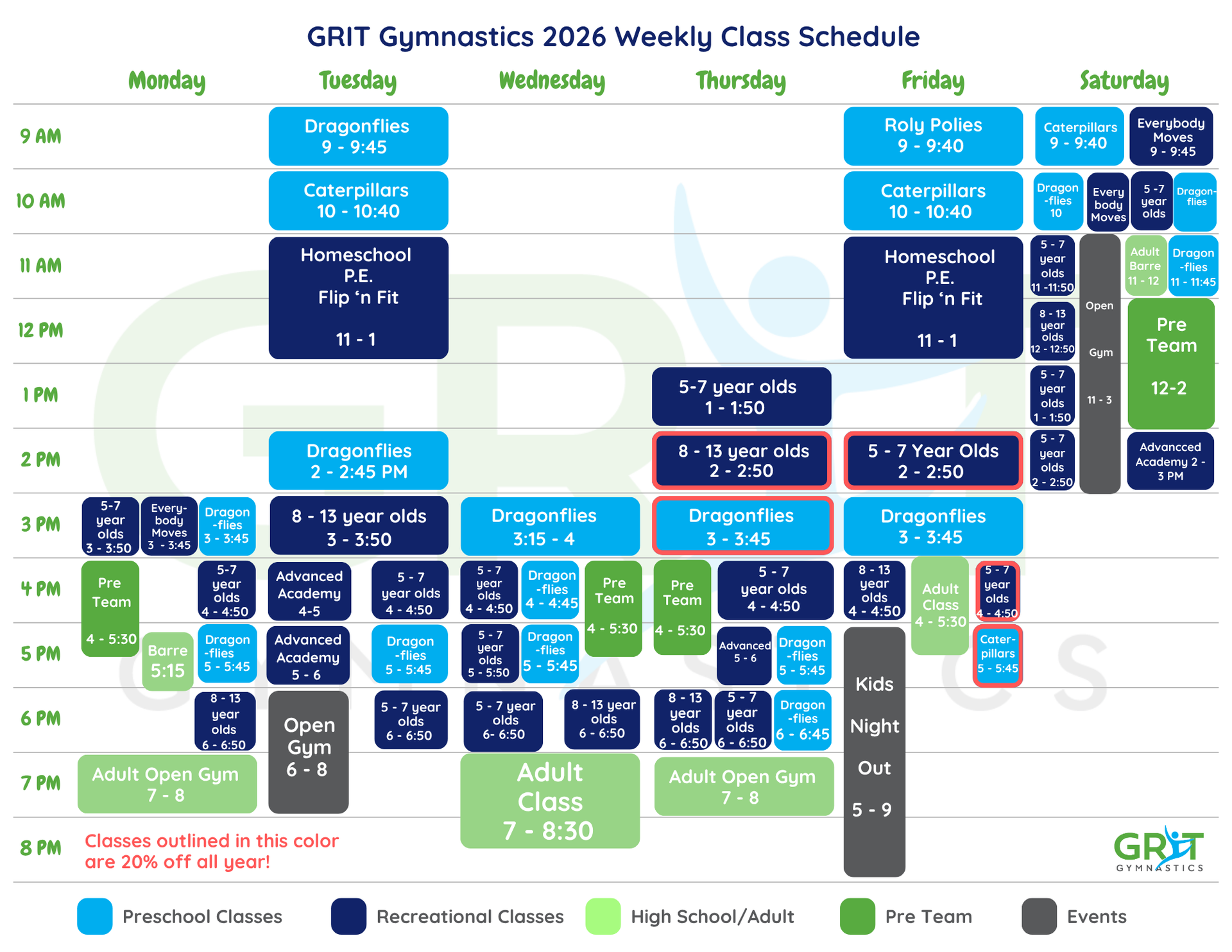 Weekly class schedule for GRIT Gymnastics in 2026, with times and class types.