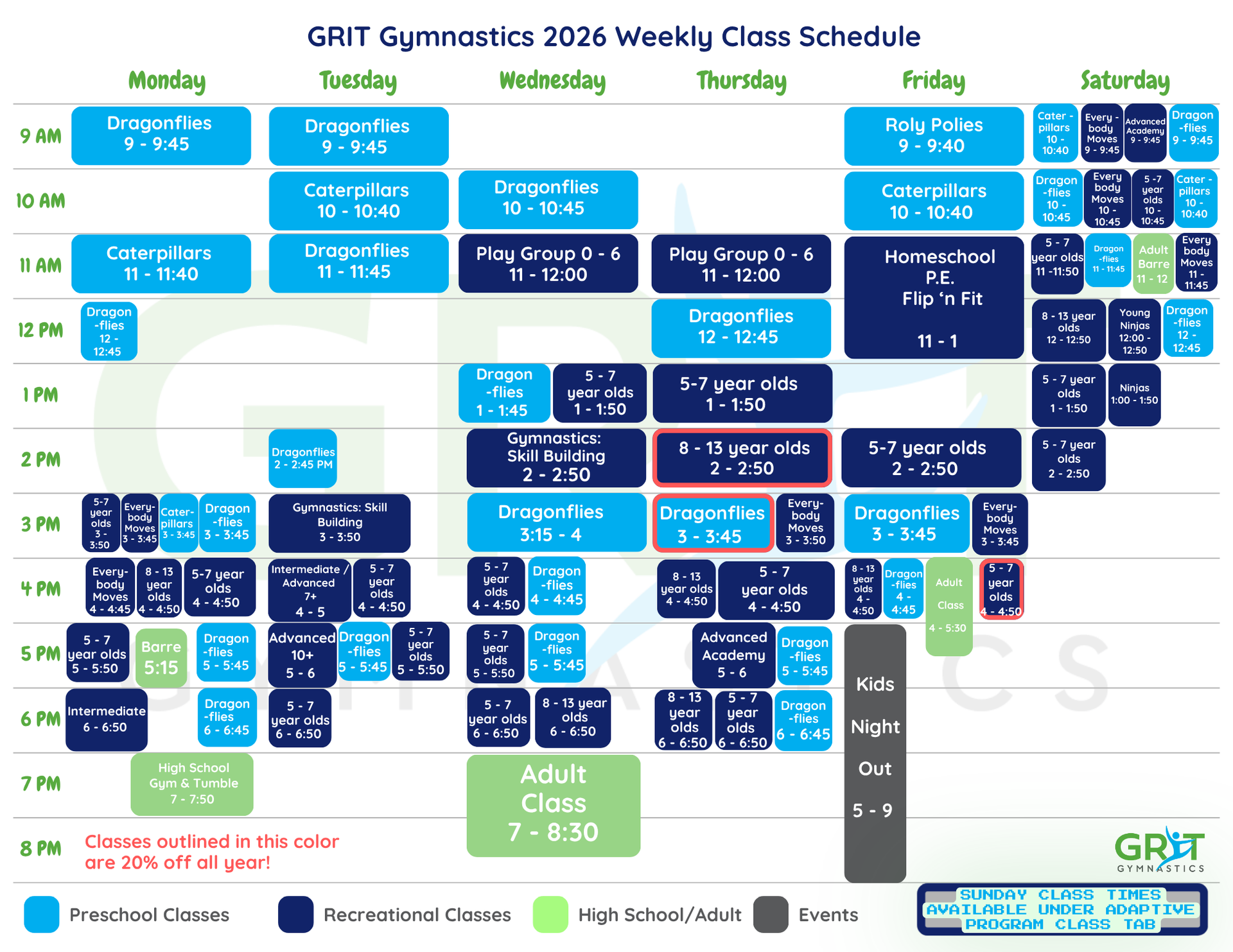 Weekly class schedule for GRIT Gymnastics in 2026, with times and class types.