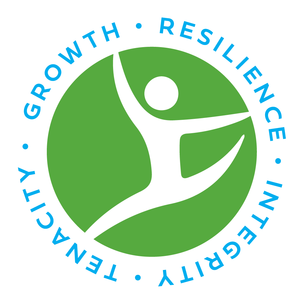 Green circle with a white silhouette of a person leaping. Words 