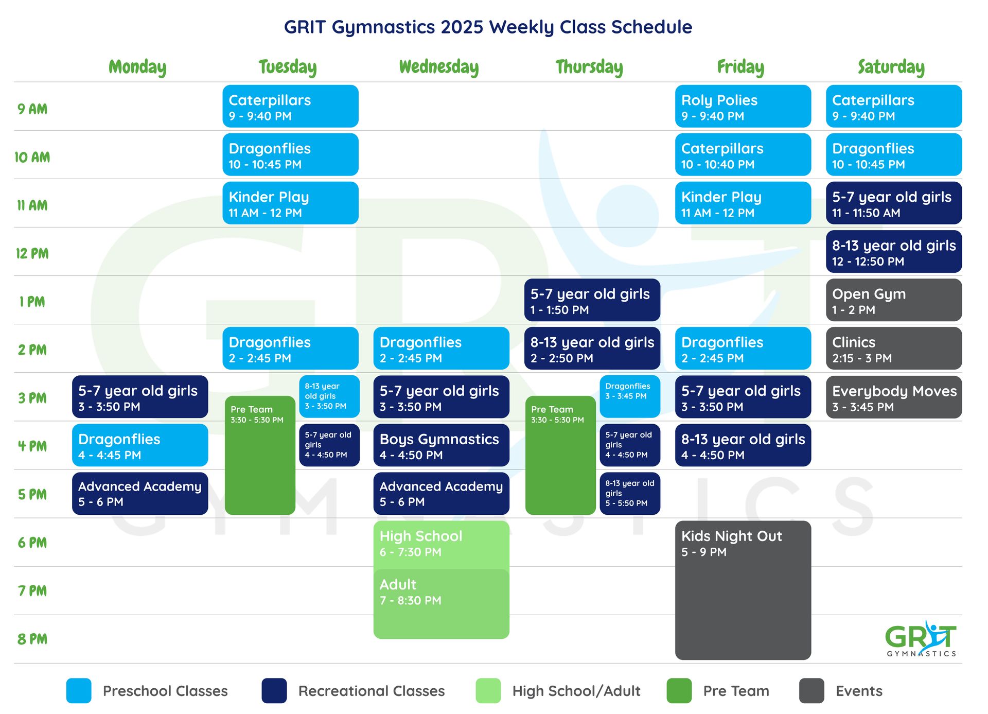 GRIT Gymnastics 2015 weekly class schedule with color-coded classes listed by day and time.