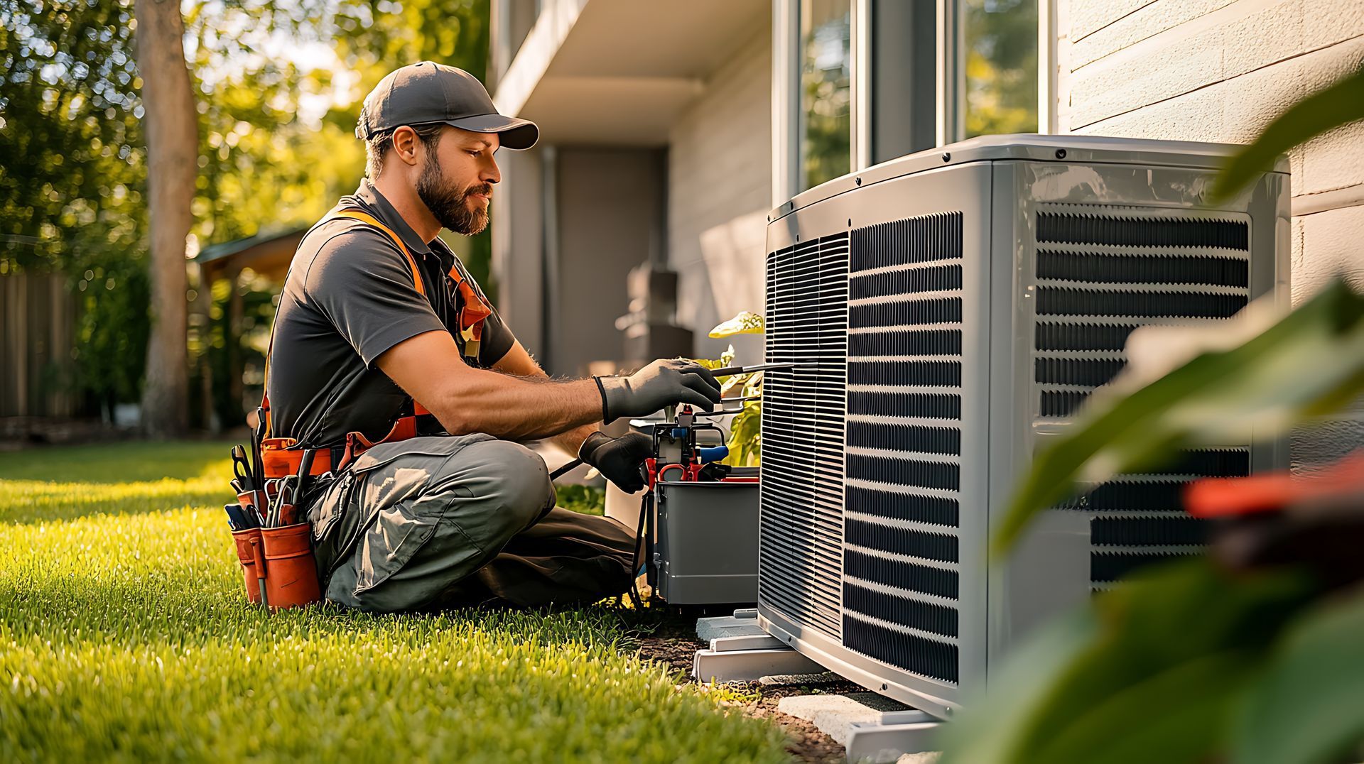 HVAC technician performing maintenance on an outdoor air conditioning unit.