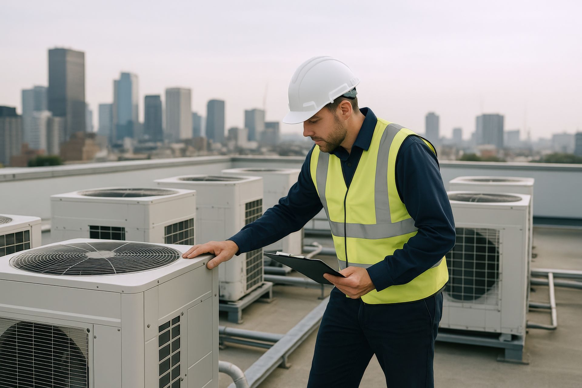 HVAC technician inspecting air conditioning units on a commercial rooftop with city skyline backdrop.
