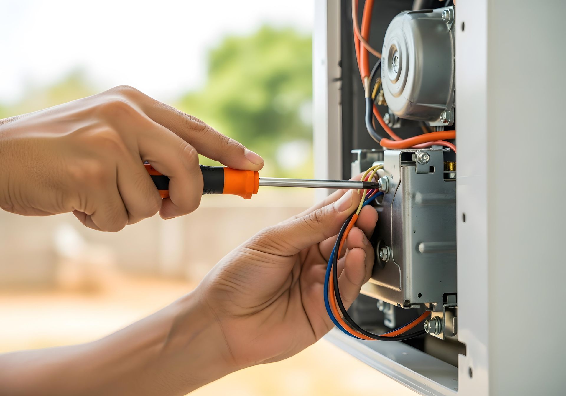 Close-up of an HVAC contractor using a screwdriver to fix a complex furnace control board.