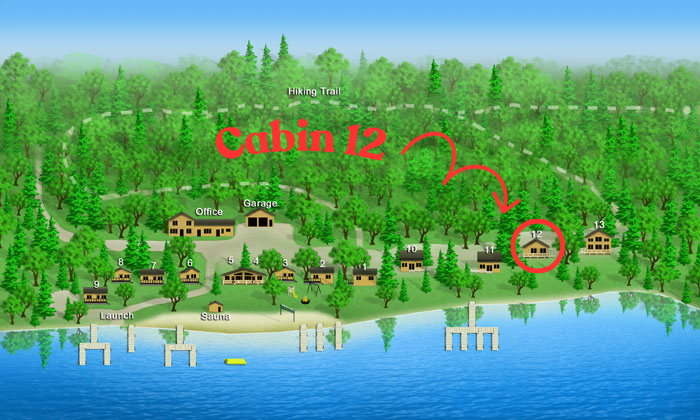 Illustrated lakeside cabin community with red “Cabin 12” label and arrow highlighting one small cabin