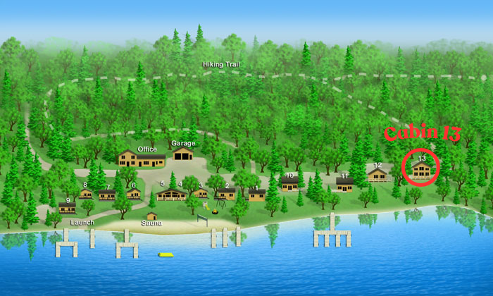 Illustrated map of a lakeside forest resort with cabins, docks, and a red-circled area labeled “ORIGIN.”