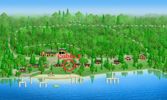 Wooded lakeside campground map with cabins, docks, and a beach in the foreground.