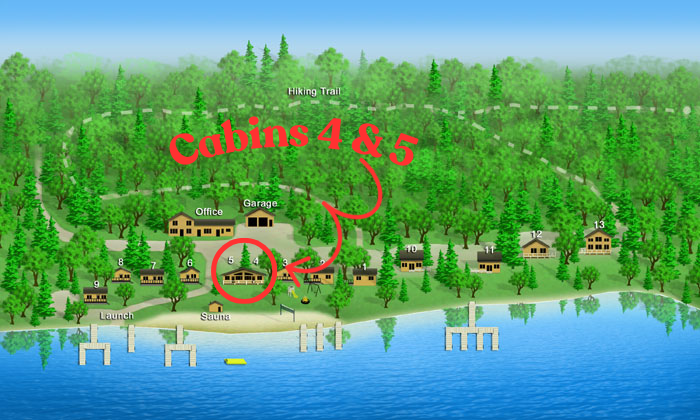 Lakeside resort map with green forest, cabins, docks, and red label “Cabins 4 & 5” pointing to a cabin cluster