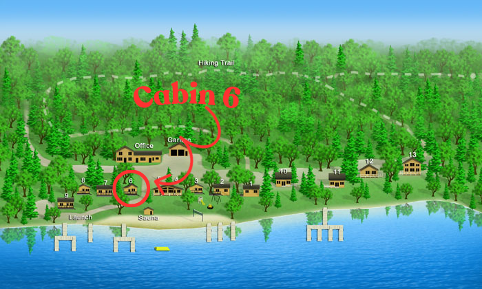 Illustrated lakefront cabins in a green forest; red label circles and points to “Cabin 6.”
